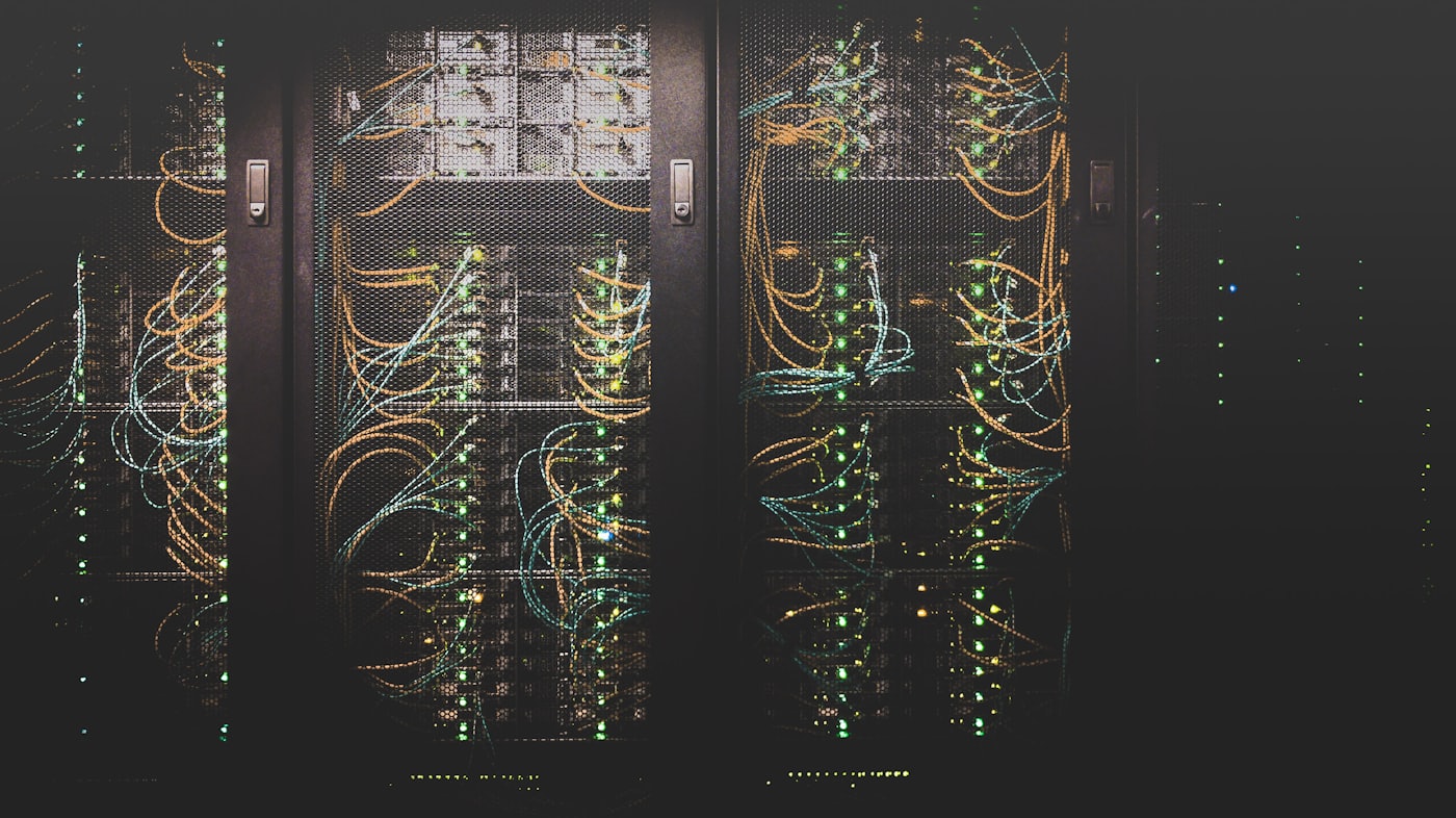 Server racks representing .ae domain, hosting and professional email setup